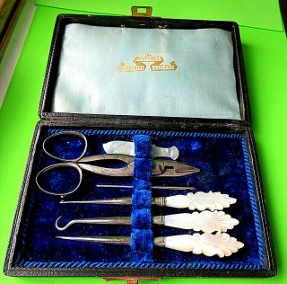 Antique Sew Kit,  Stiletto,  Carved Pearl Button - Crochet Hooks,  Siletto,  Fish Winder