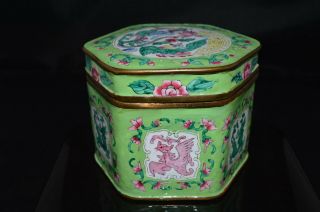 Antique Chinese Hexagonal Canton Enamel Box With Dragon And Phoenix
