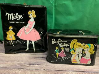 Set Of 2 1963 Black Vinyl Vintage Doll Case Barbie & Midge Travel Pals Case