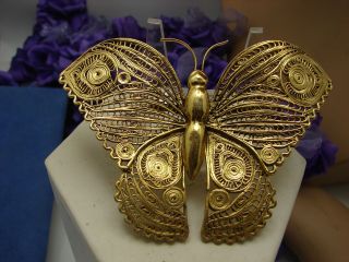 Huge Vintage Gold Tone Filigree Butterfly Brooch