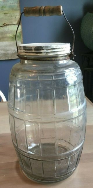 Vintage Large Country Store Glass Pickle Jar With Lid And Wood Handle
