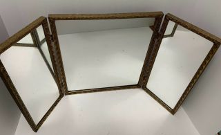 Tri - Fold Mirror Vanity Or Hanging Embossed Deco Gilt Metal Frame 25x14 " Vintage