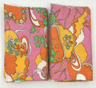 Vintage Set Of 2 Retro 70’s Funky Hippy Pillow Cases Orange Pink Flowers Trees