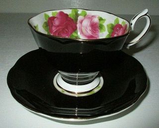 Vintage Royal Albert Porcelain Tea Cup & Saucer,  Black W/ " Roses "