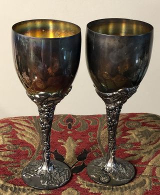 2 Vintage Godinger Silver - Plate Goblet Wine Glasses Grape Embossed Stem 7.  5”