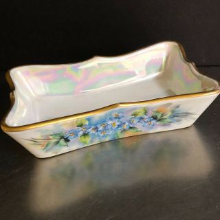 Porcelain Relish Trinket Dish Vtg Hand Painted Forget Me Nots Rectangular China