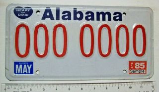 1985 Alabama Sample License Plate 000 0000 " Heart Of Dixie "