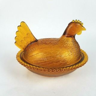 Vintage Amber Indiana? Hen On Nest Glass Chicken Covered Dish Candy Butter Dish