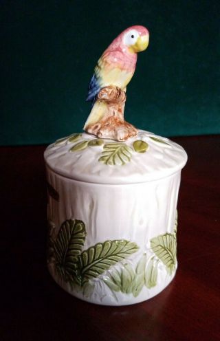 Vintage Otagiri Ceramic Lidded Jar With Parrot On Lid 1980 Handpainted Japan Euc