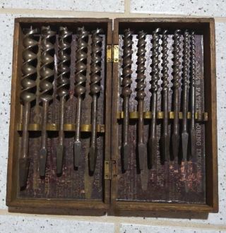 Antique James Swan Co.  12 Auger Drill Bit Set In Wood Box