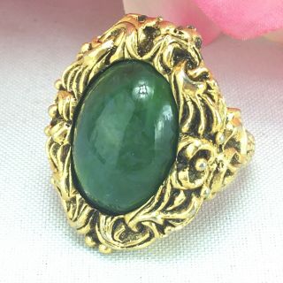 Vintage Solid Perfume Compact Cocktail Poison Ring Green Stone Adjustable