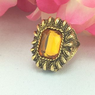 Vintage Solid Perfume Compact Cocktail Poison Ring Amber Jewel Stone Adjustable