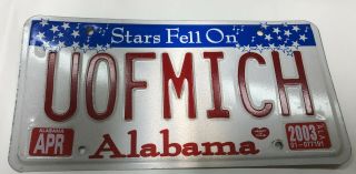 2003 Alabama Vanity License Plate " Uofmich " - University Of Michigan Fan