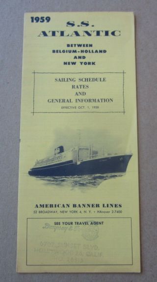 Old Vintage 1959 - Ss Atlantic - Steamship Brochure - Sailing Rates And Info