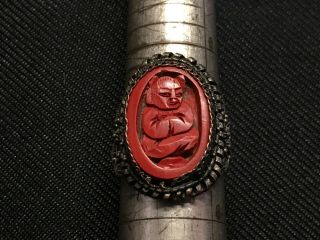 Antique Chinese Export Carved Cinnabar Ring,  Filligree Setting
