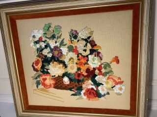 Needle Work Crewel Flowers In A Basket Framed And Matted Art Vintage Colorful