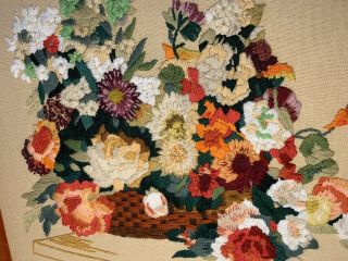 Needle Work Crewel Flowers In A Basket Framed And Matted Art Vintage Colorful 2