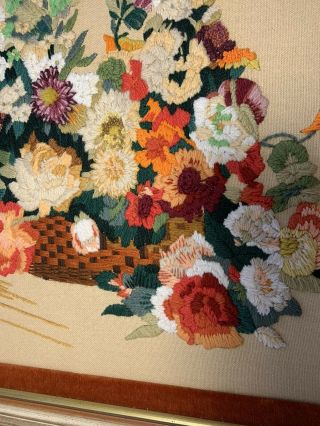 Needle Work Crewel Flowers In A Basket Framed And Matted Art Vintage Colorful 3