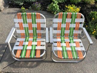 Vintage Pair Aluminum Webbed Folding Lawn Chair Camping Chairs Beach Chairs