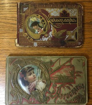 2 Antique Late 1800s Autograph Books With Handwritten Inscriptions Ornate Covers