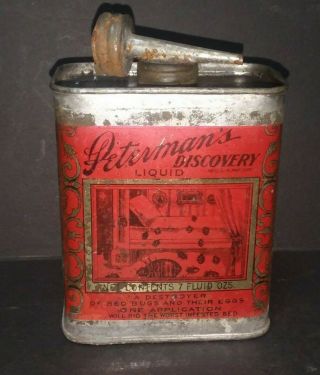 Early Antique Vtg Petermans Discovery Bed Bug Killer Advertising Tin Old