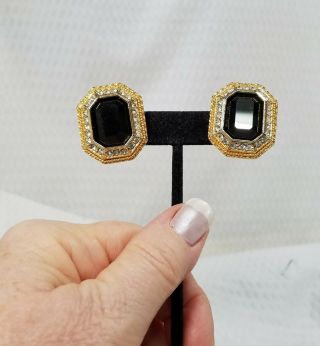 Vintage W.  Germany Gold Tone Black Onyx And Crystal Octagonal Clip On Earrings
