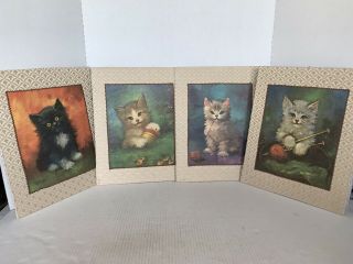 Vintage Set Of 4 Florence Kroger Cat Litho Prints 8” X 10” Mounted