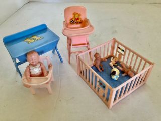 Vintage Renwal Baby Nursery Dollhouse Furniture With Renwal Baby