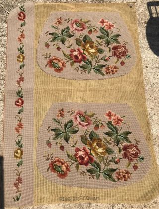 Vintage Rose Floral Foliage Needlepoint Purse Panel Finished French Canvas