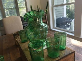 Antique Hand Painted Green Depression Glass Pitcher With 5 Glasses