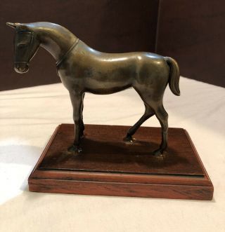 Vintage Bronze Colored Horse Statue On Wood Base