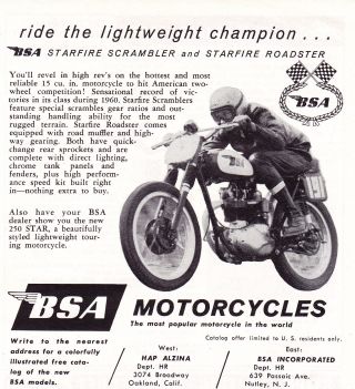 1961 Bsa Starfire Scrambler & Roadster Motorcycle Smaller Print Ad