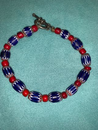 Antique Chevron African Tribal Royal Blue Red Art Glass Trade Bead Bracelet 925
