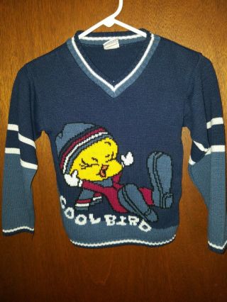 Vintage Looney Tunes Sweater Small Knit " Cool Bird " Tweety Shirt Vtg