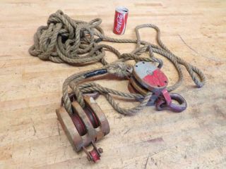Antique Vintage 3/4 " Rope Come Along Wood Pulleys Double Sheave Block & Tackle