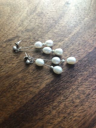 Vintage Antique Sterling Silver And Real Pearl Drop Dangle Earrings Marked 925