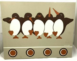 Marushka Vintage Mid Century Dancing Penguins Silk Screen Print Brown Rust White