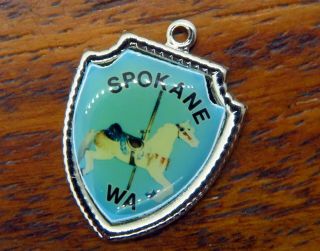 Vintage Silver Spokane Washington Carousel Horse Travel Shield Charm E23