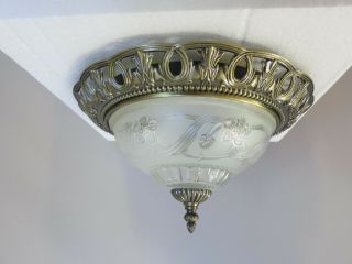2 - Light Flush Mount Ceiling Fixture Etched Glass Antique Brass Art Deco