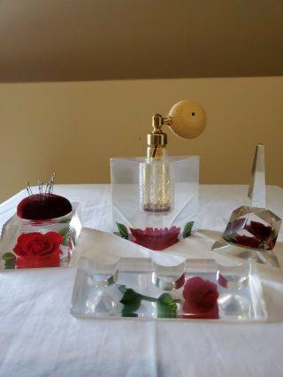 Vintage Mid Century Dresser Set Lucite Acrylic Red Rose,  Spray Atomizer Bulb