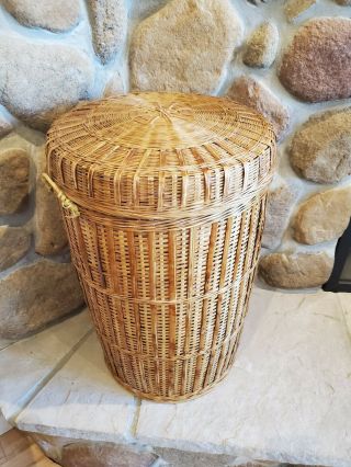 Vintage Brown Wicker Laundry Hamper Basket Weave Round - 24 " Tall 14 " Diameter