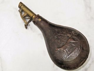 Antique A M Flask & Cap Co Gun Powder Shot Flask 3lb Leather Birdshot Dog Motif
