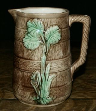 Antique English Majolica Pitcher Embossed Foliage Brown Barrel Motif 6 " Tall
