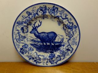 Antique Flow Blue Plate Wedgewood W Stag Deer,  10 3/8 " Stoneware Go With