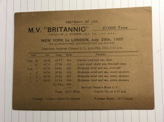 White Star Line Ship’s Log,  M.  V.  Britannic,  1935,  NY to London 2