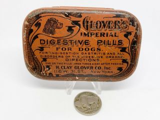 1920 Antique Glover Dog Pill Tin Advertising Veterinary Vintage Medicine Metal