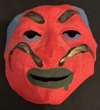 Antique Vintage Devil Red Face Man W/ Mustache Halloween Gauze Cloth Mask 1930s