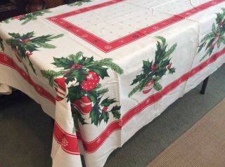 Vintage 50’s Rectangle Christmas Tablecloth 54” X 66” - Large Holly & Ornaments