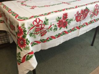 Vintage 50’s Rectangle Christmas Tablecloth 48” X 60” - Bells,  Poinsettia,  Sleighs