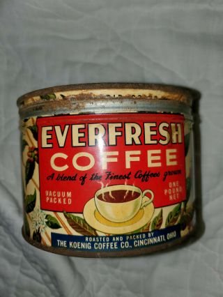 Antique Everfresh Coffee Tin Litho 1lb Keywind Can Vintage Cincinnati Oh Grocery